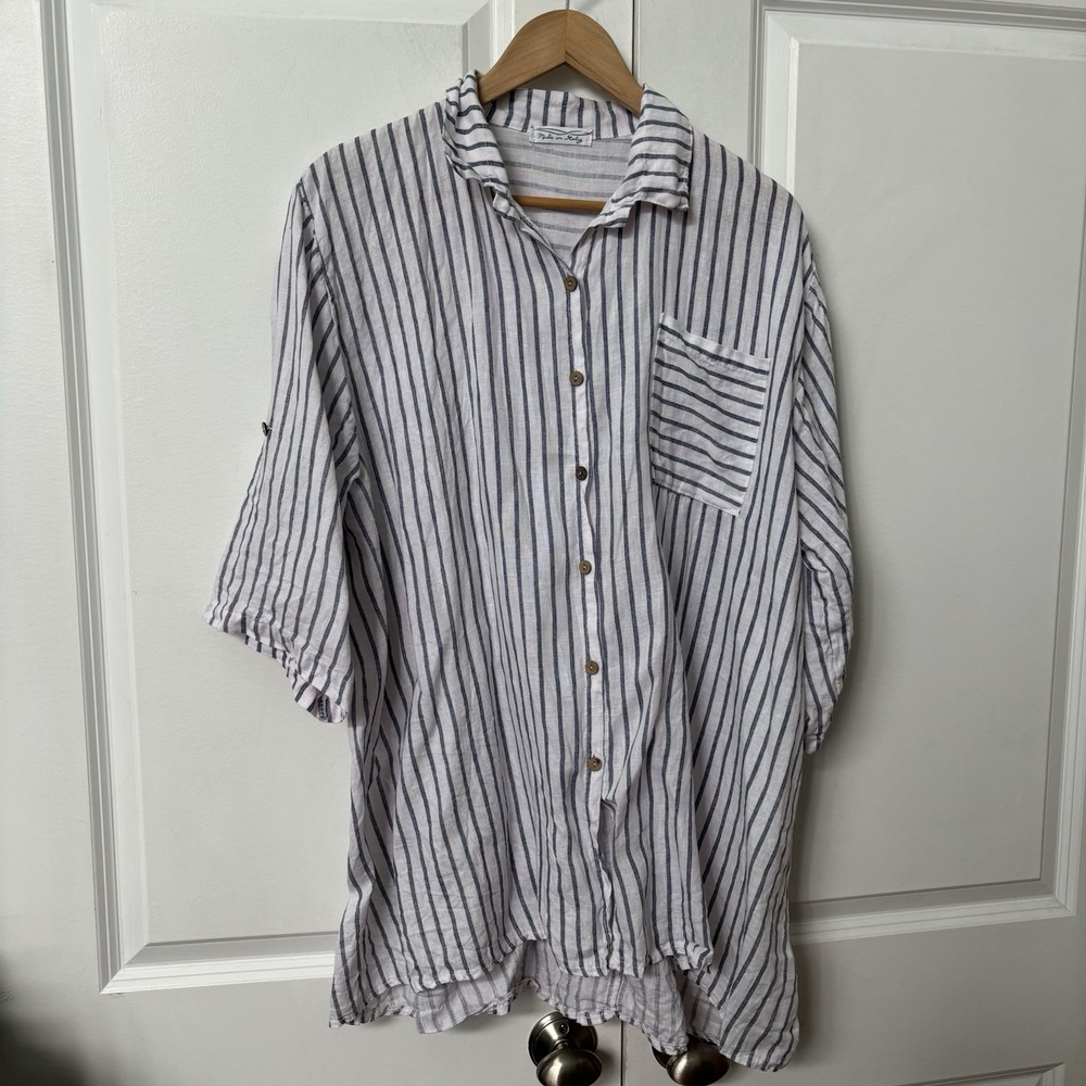 100% Linen Striped Button Up Shirt Womens OS Roll Tab Sleeve Resortwear Vacation